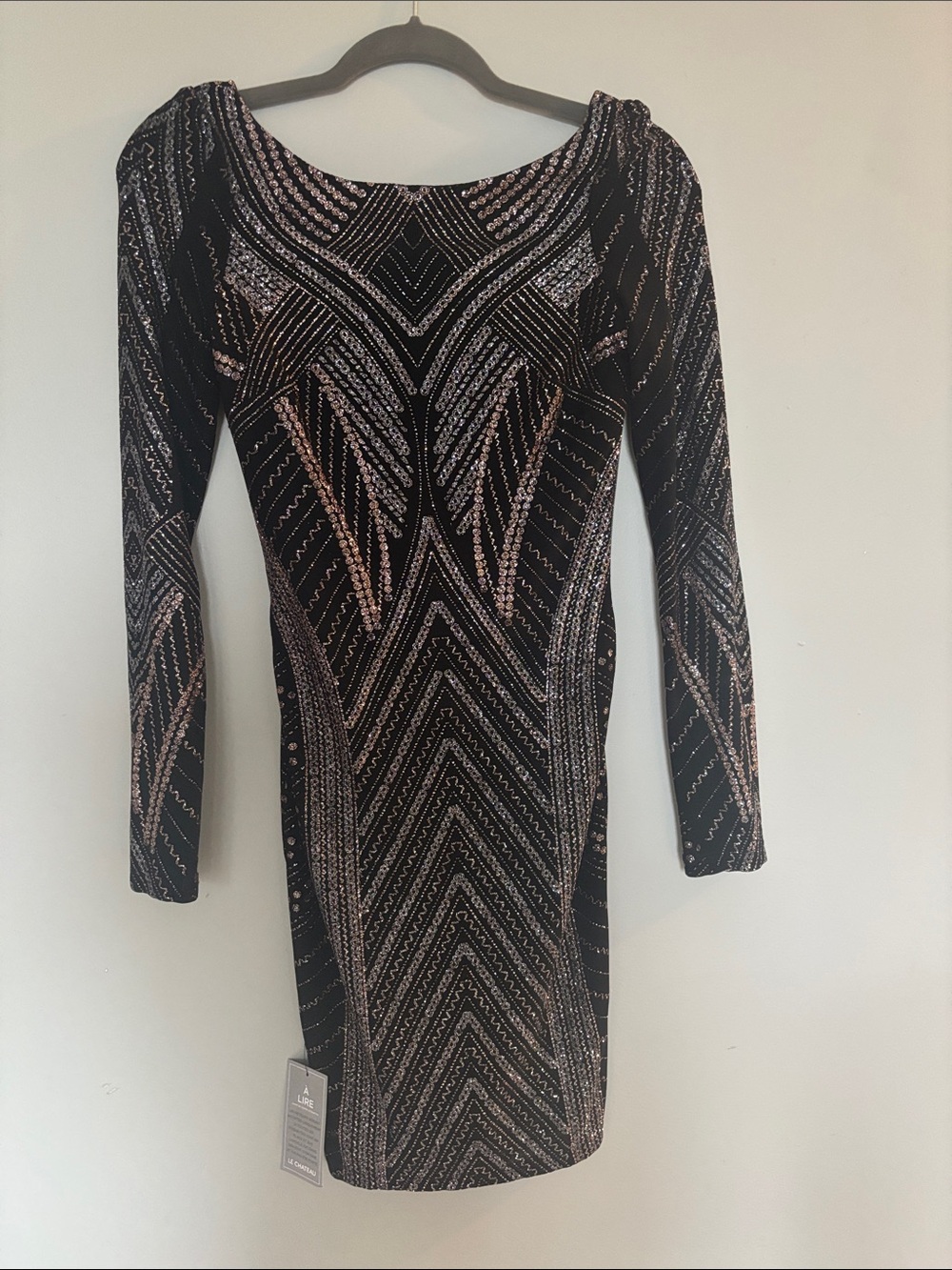 le chateau Black Long-Sleeve Sequined Bodycon Dress with Rose-Gold Accents